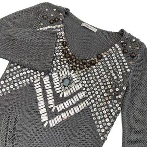 Vertigo Vintage Womens Gray Sequin Gem V Neck Knit Sweater, Vertigo Gemstone 374